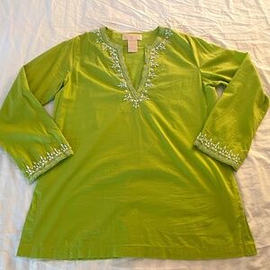 Michael Kors Cotton Tunic – Green & White, Beaded Neckline, Size Large